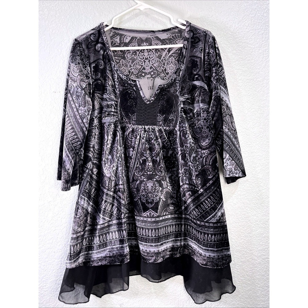 Velvet Tunic Top Women XL Grey Black Paisley‎ Chiffon Hem Whimsigoth Boho Witchy